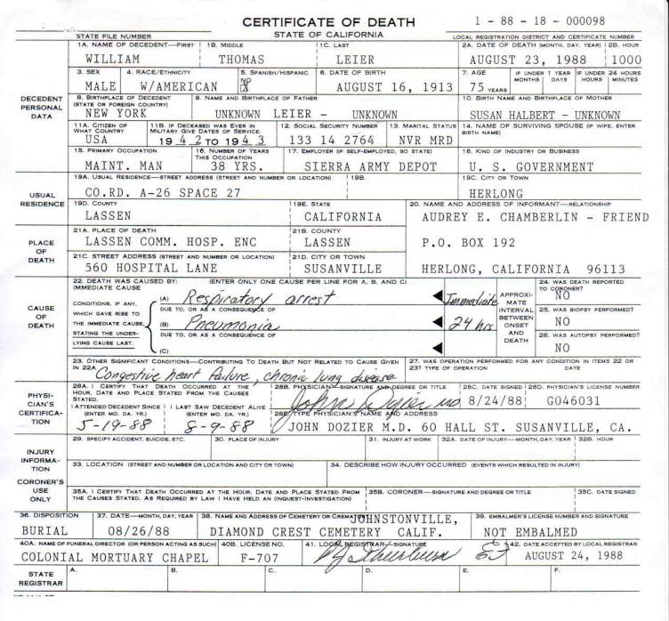 William Thomas Leier's Certificate of Death