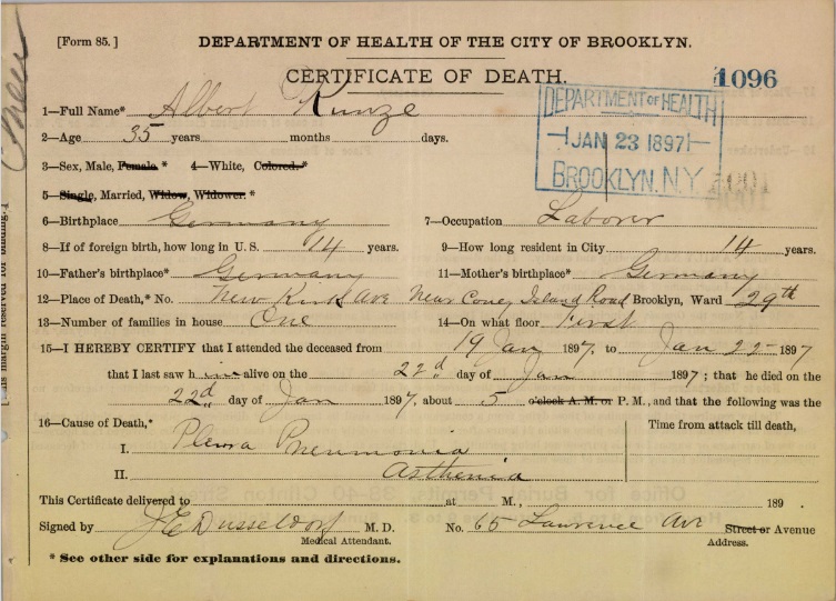 Albert Kuntze Sr's Certificate of Death