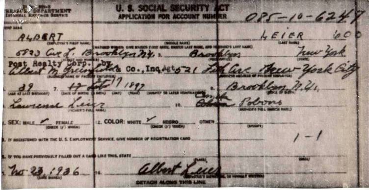 Albert Leier's Application for Social Security Number