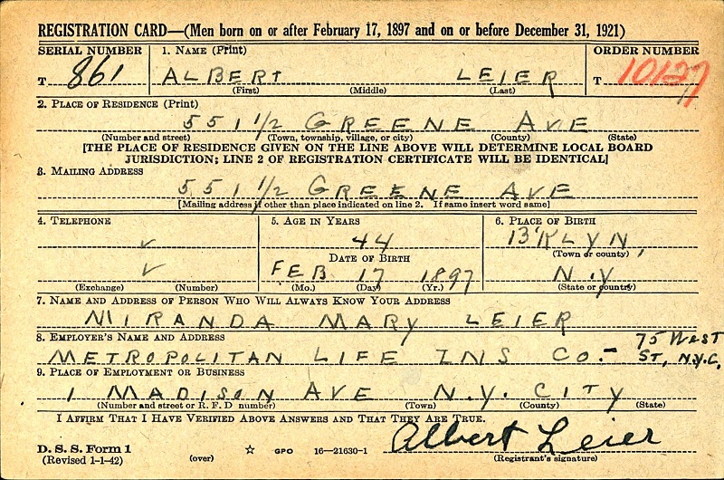 Albert Leier's World War II Draft Registration Card