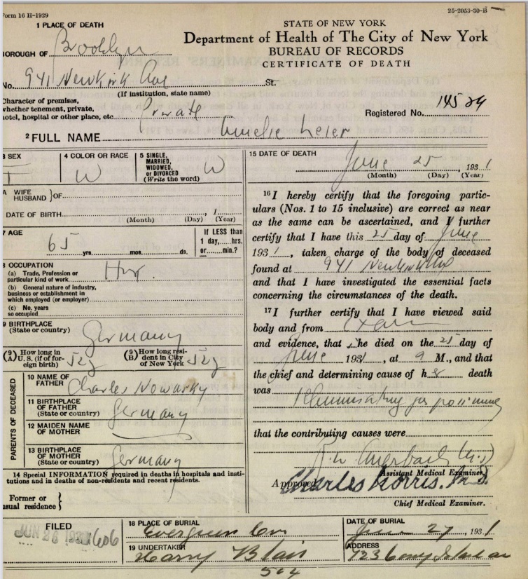 Amelia Leier's Certificate of Death