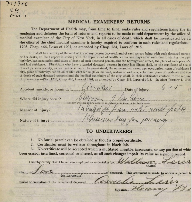 Amelia Leier's Certificate of Death