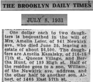 Amelia Leier's Will notice in newspaper