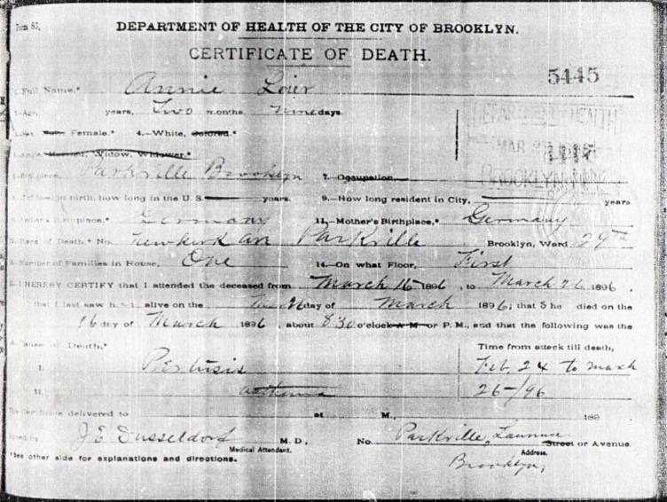 Annie Leier's Certificate of Death