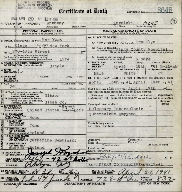 Anthony Kazalski Death Certificate
