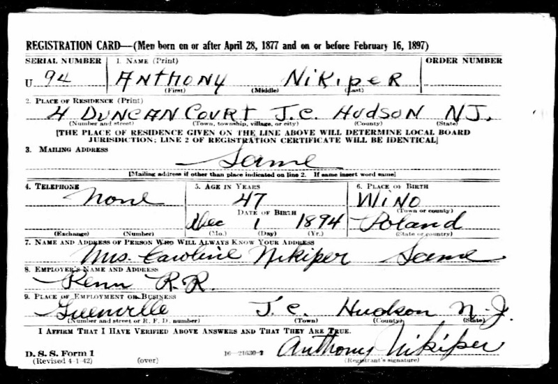 Anthony Nikiperowicz World War II Draft Registration