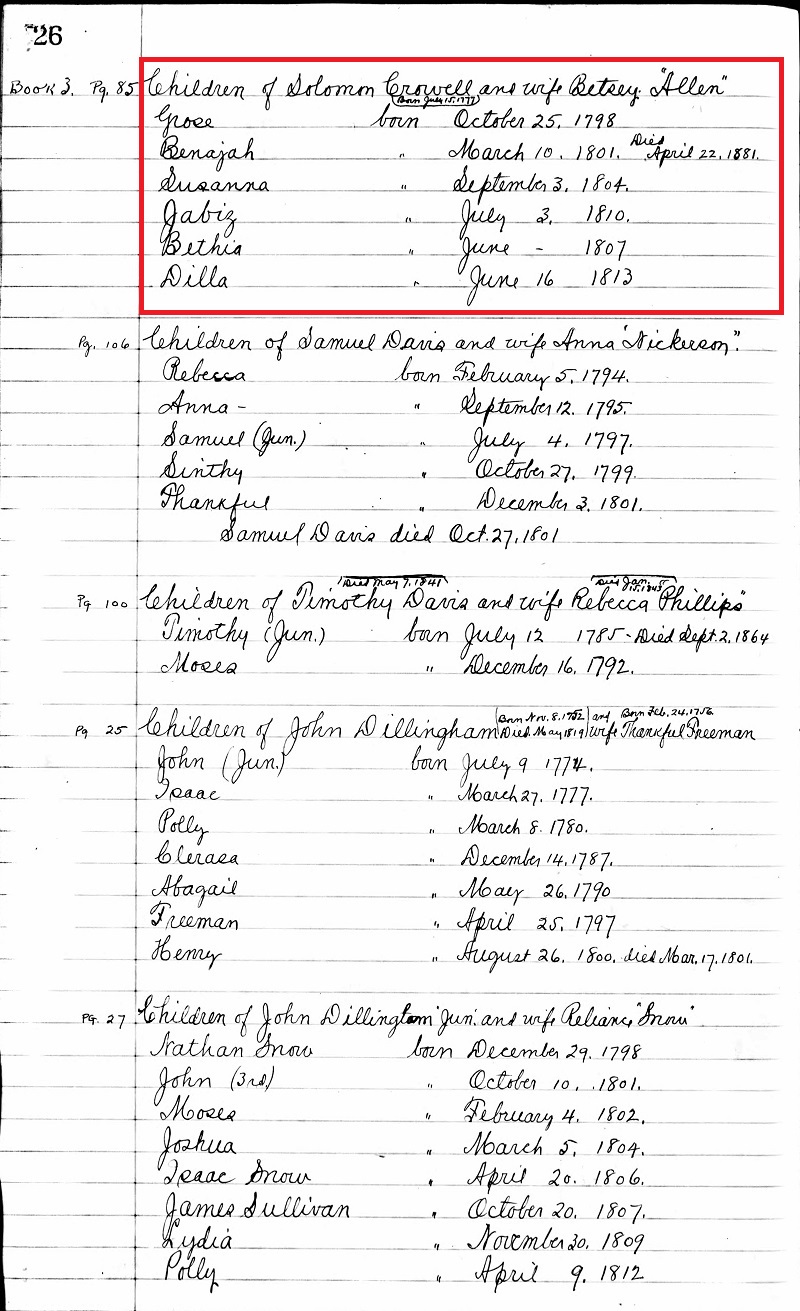 Benajah Crowell Birth Record