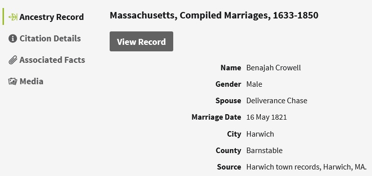 Benajah Crowell and Deliverance Chase Marriage Record