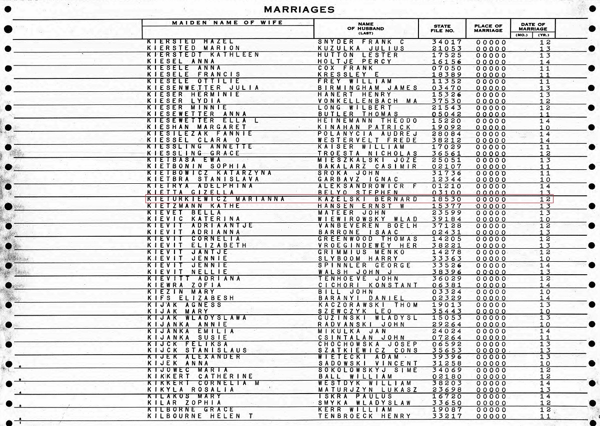Bernard Kazalski and Marianna Kieturkiewucz Marriage
