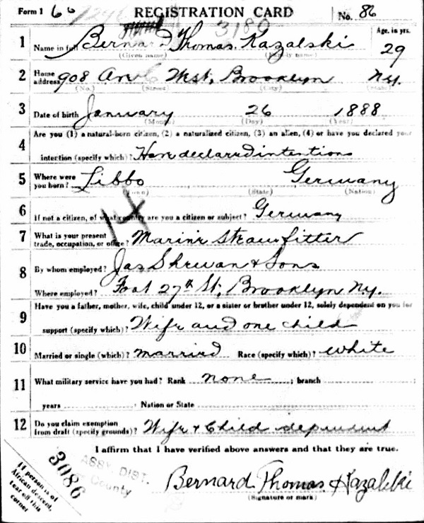 Bernard Kazalski WW1 Draft Registration