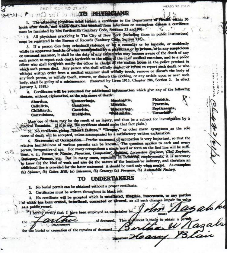 Bertha Kazalski's Certificate of Death