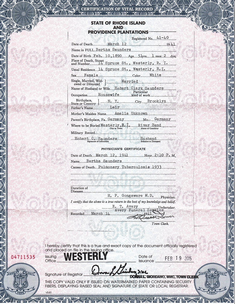 Bertha Leier's Certificate of Death