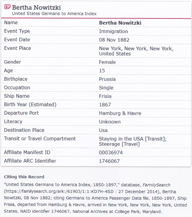 Bertha Nowasky Kuntze Immigration Index