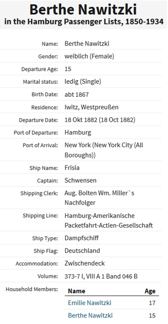 Bertha Nowasky Kuntze Immigration Index