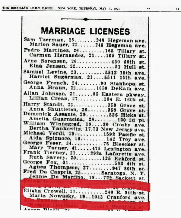 Marie Nowasky and Elisha Crowell Marriage Record