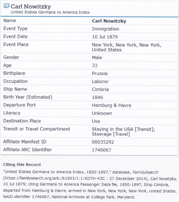 Charles Nowasky Sr. Immigration Index