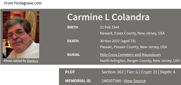 Carmine Colandra Cemetery Record