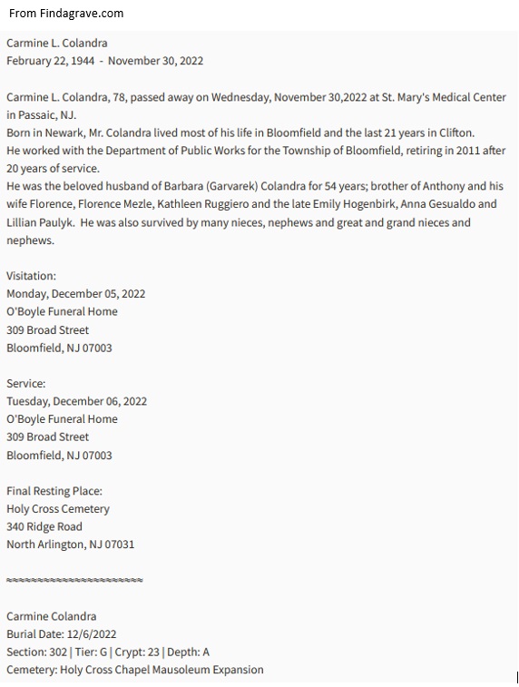 Carmine Colandra Obituary