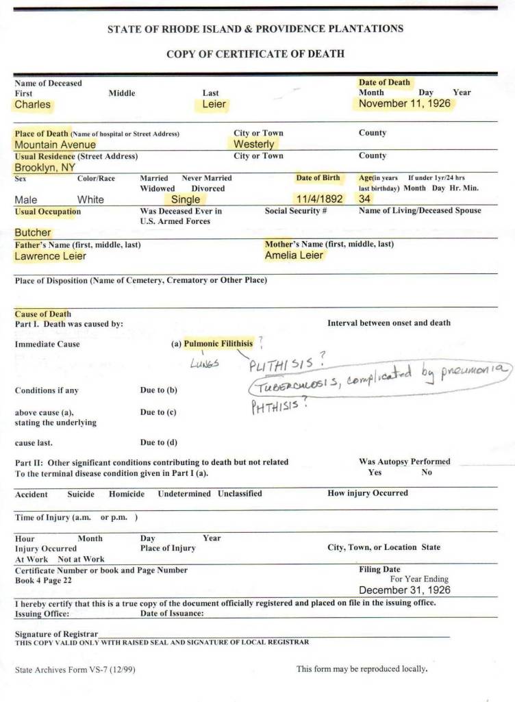 Charles Leier's Certificate of Death