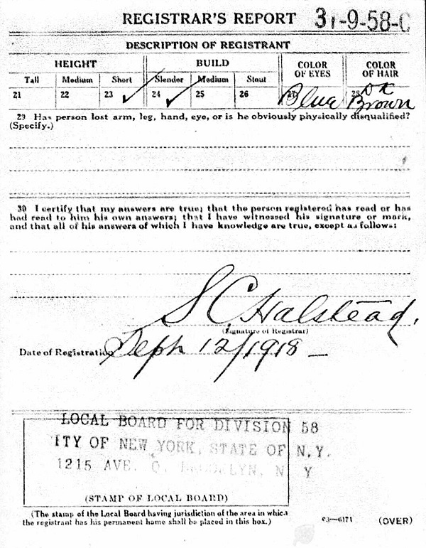 Charles Nowasky III's World War I Draft Registration Card
