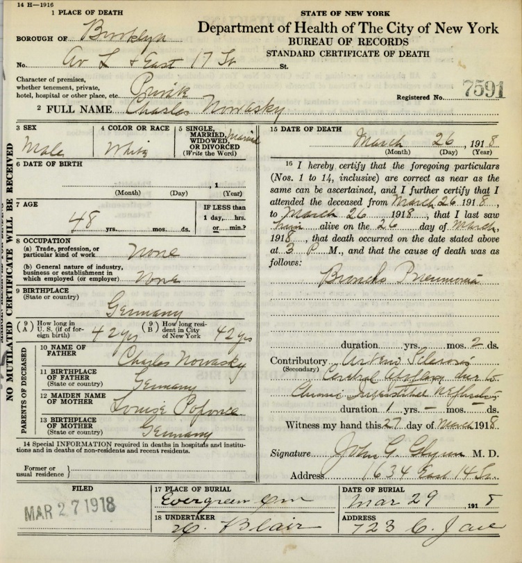 Charles Nowasky Jr's Certificate of Death
