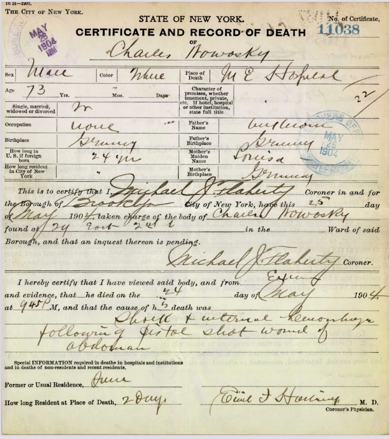 Charles Nowasky Sr's Certificate and Record of Death
