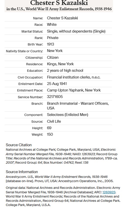 Chester S. Kazalski Enlistment Record