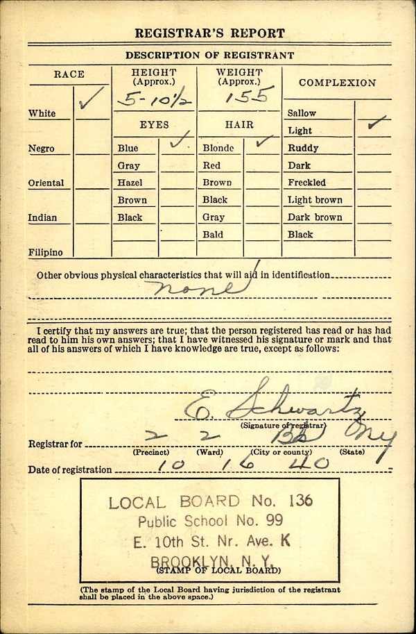 Chester S. Kazalski WW2 Draft Registration
