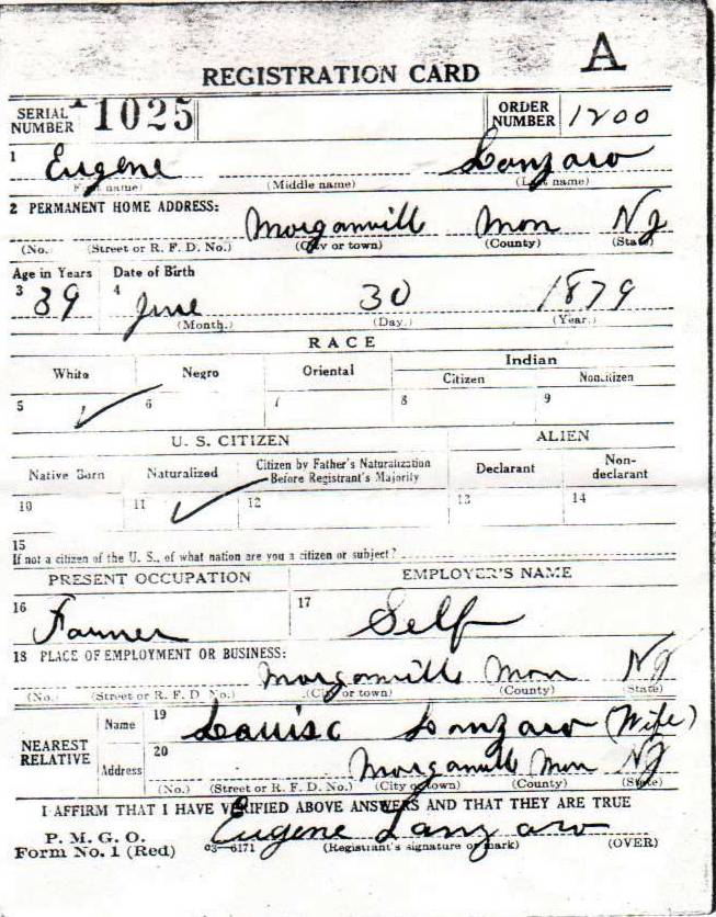 Ciro (Eugene) Lanzaro's World War I Draft Registration Card