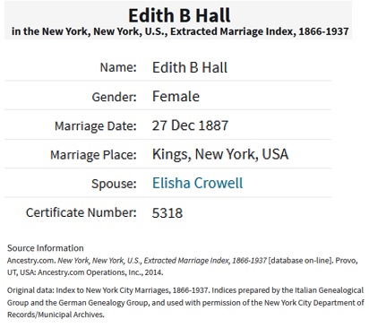 Elisha Snow Crowell and Edith B. Hall Marriage Index