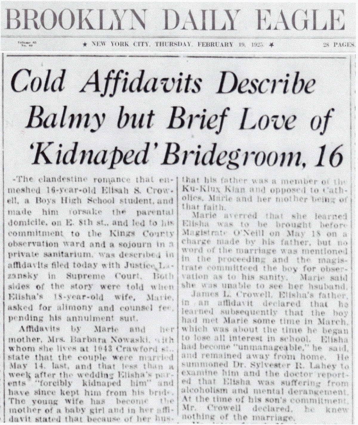 Marie Nowasky and Elisha Crowell Marriage Annulment