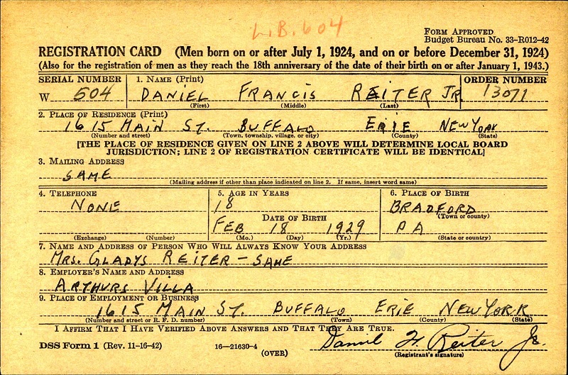 Daniel Reiter World War II Draft Registration