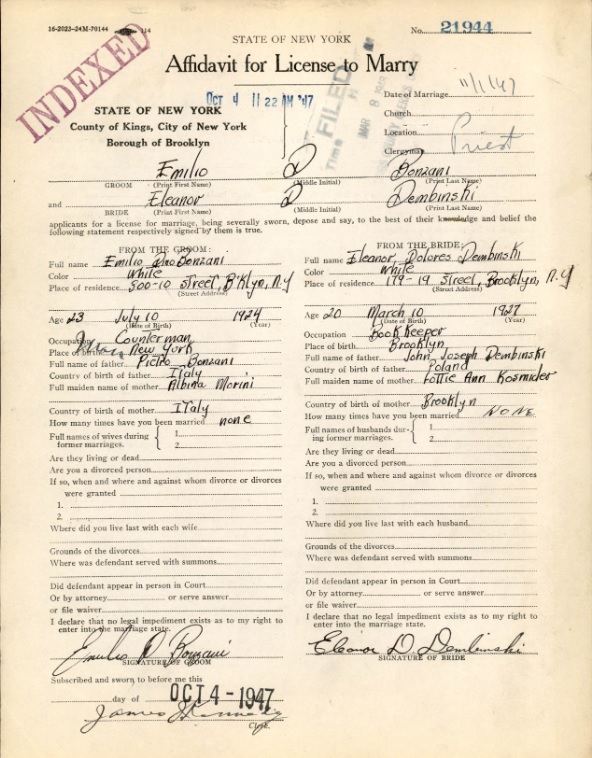 Eleanor Dembinski and Emilio Bonzani Marriage License