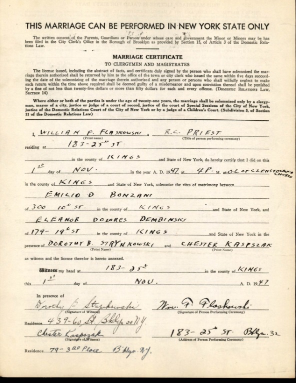 Eleanor Dembinski and Emilio Bonzani Marriage License
