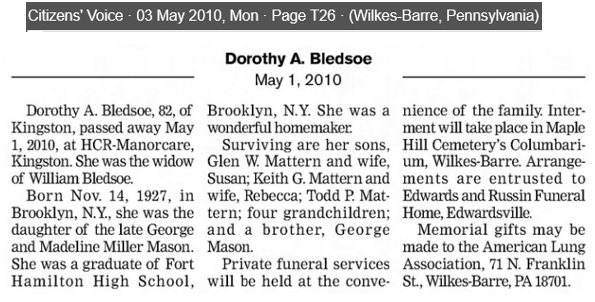 Dorothy Mason Mattern Bledsoe Obituary