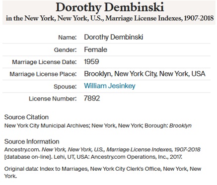 Dorothy Dembinski and William Jesinkey Marriage License Index