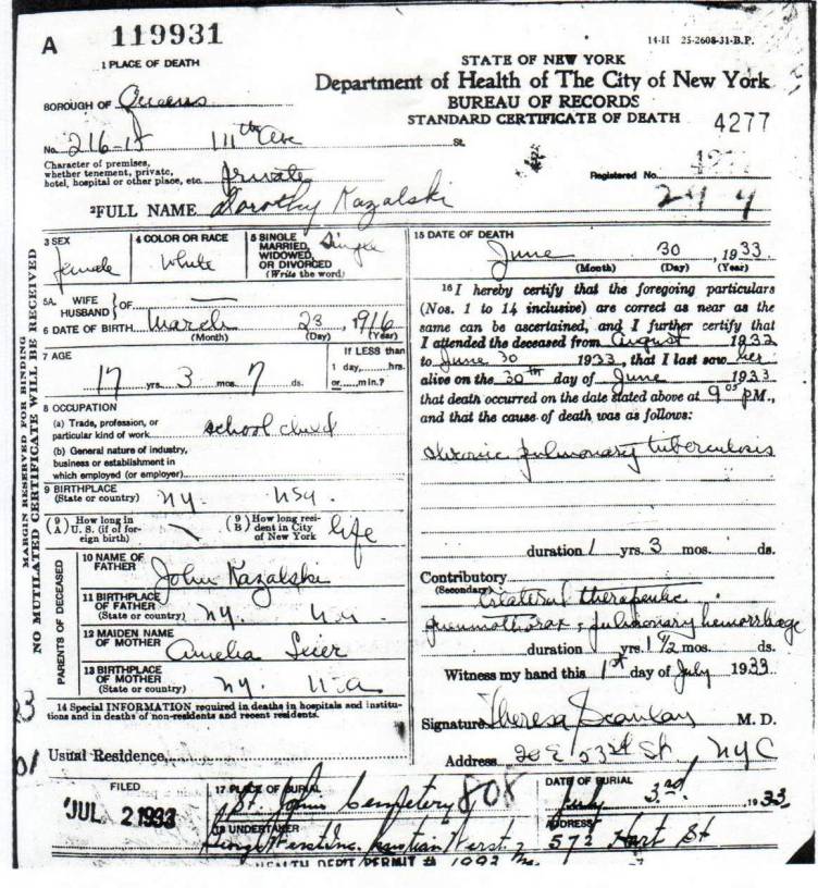 Dorothy Kazalski's Certificate of Death