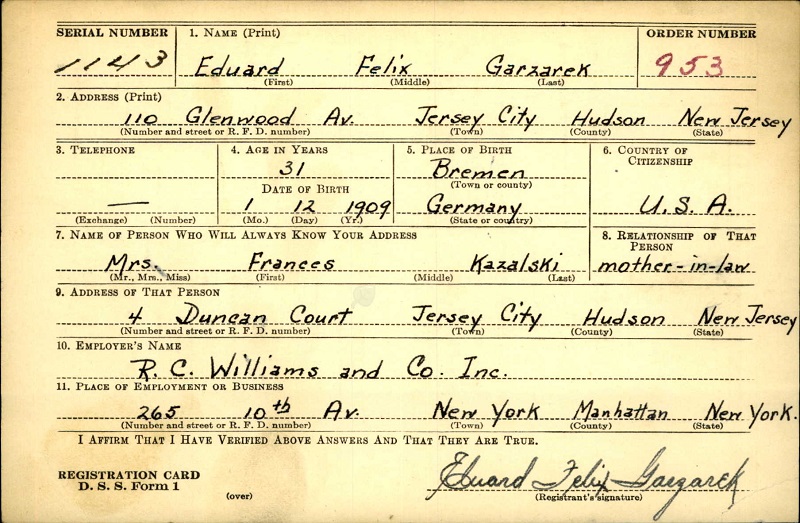 Edward Garzarek WW2 Draft Registration