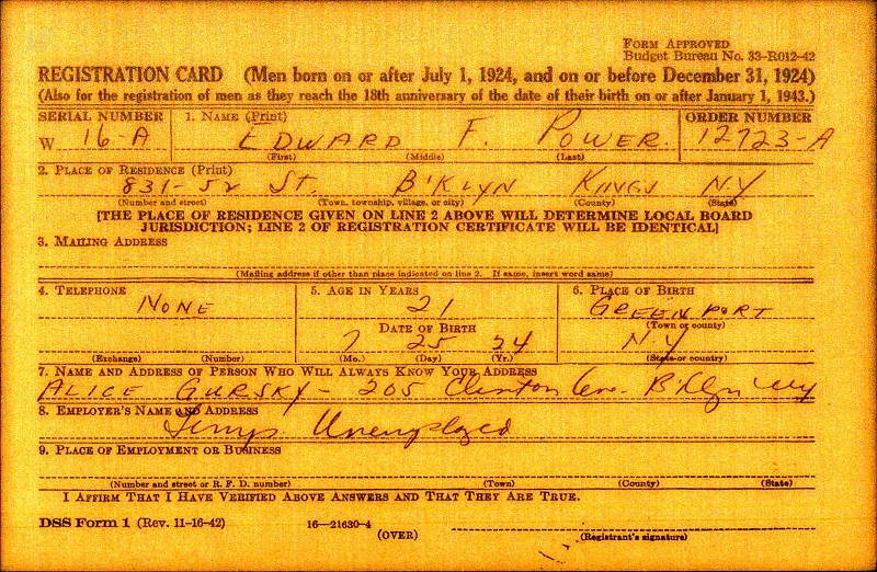 Edward Francis Power WW2 Draft Registration