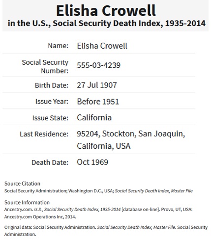 Elisha Snow Crowell Social Security Death Index