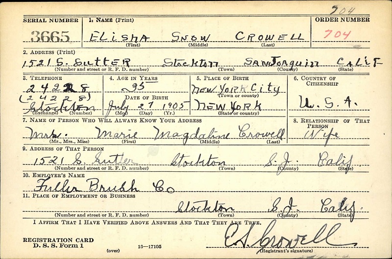 Elisha Snow Crowell WW2 Draft Registration