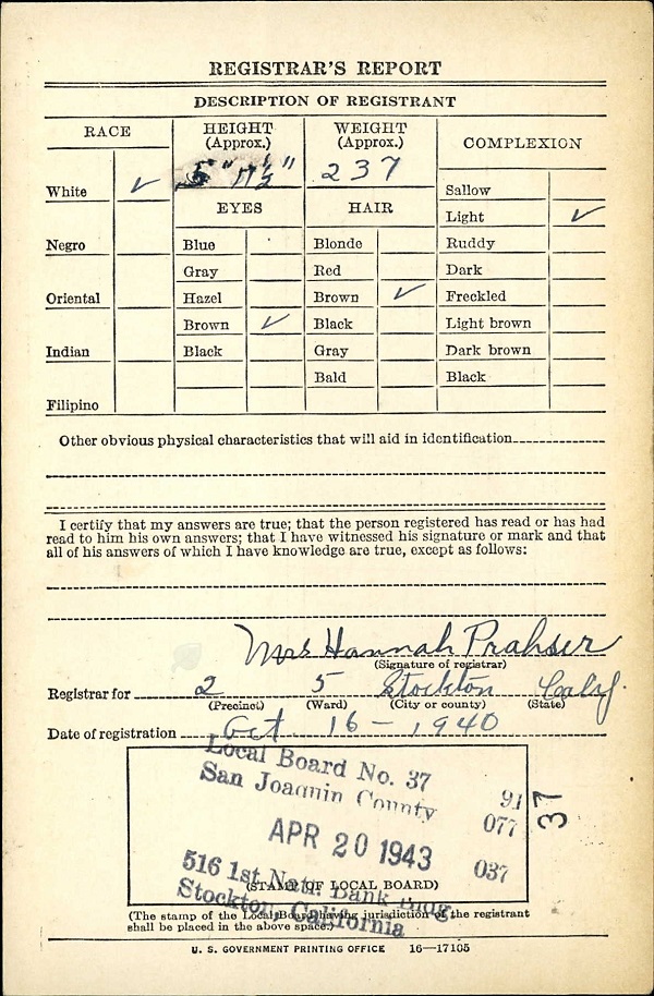 Elisha Snow Crowell WW2 Draft Registration