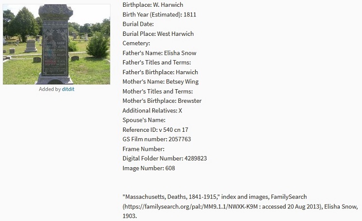 Elisha Snow Cemetery Record