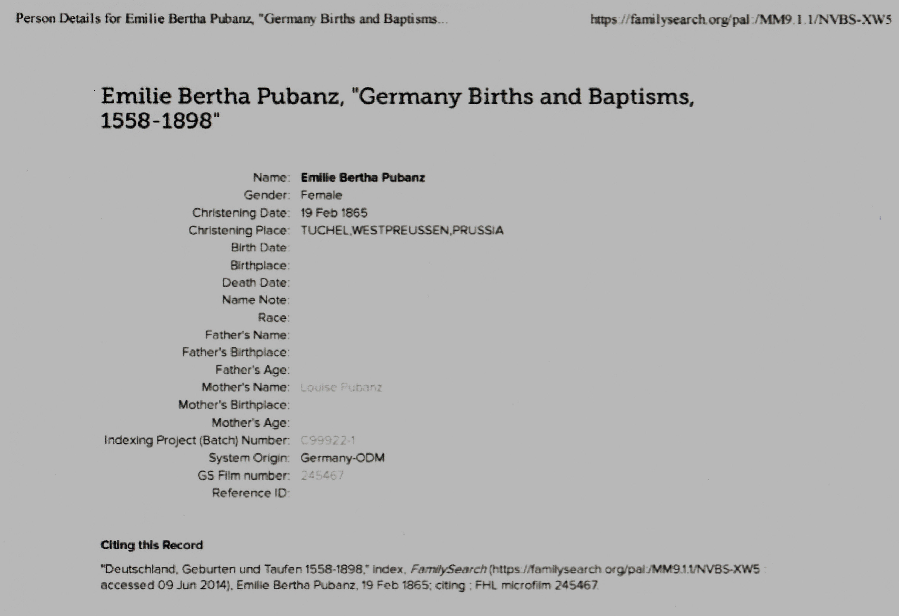 Emilie Pubanz's Birth Record 1