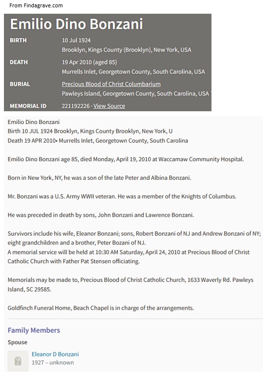 Emilio Bonzani Cemetery Record