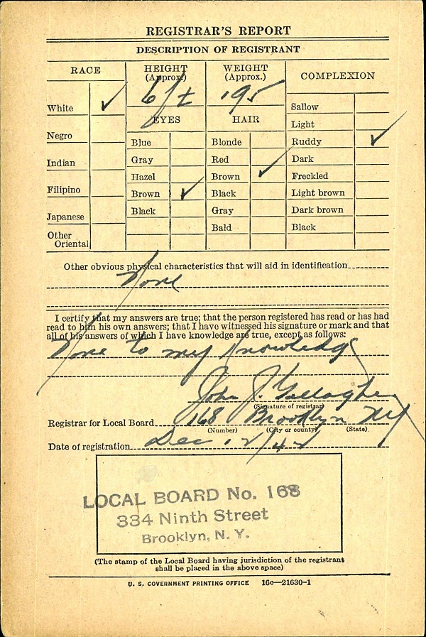 Emilio Bonzani WW2 Draft Registration