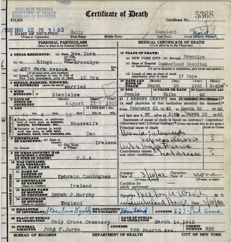 Emily Agatha Cunningham Kazalski Death Record