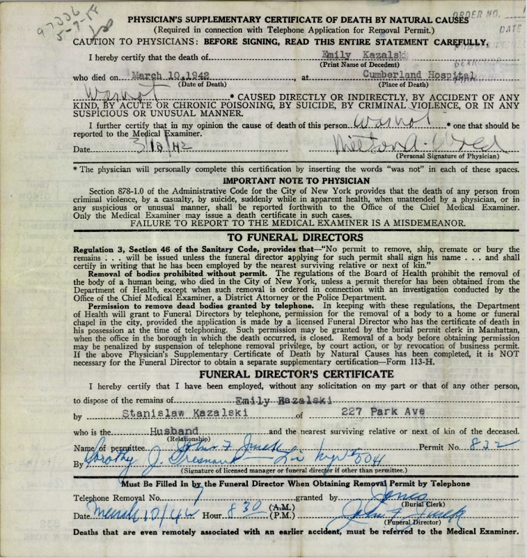 Emily Agatha Cunningham Kazalski Death Record