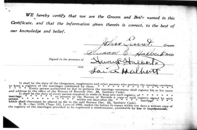 Certificate and Record of Marriage for John Ernst and Susan Halbert