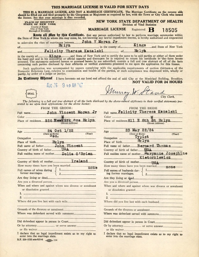 Felicity Kazalski and John Moran Marriage